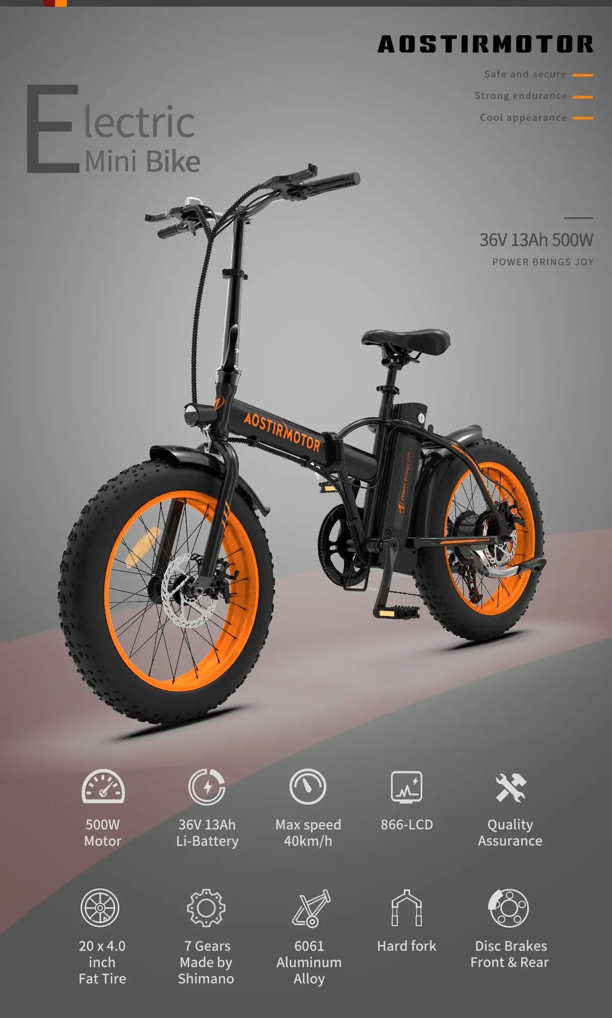 AOSTIRMOTOR 500W Ebike Folding Lithium Battery 36V 13Ah Electric Bicycle 20" Fat Tire Mini Bafang