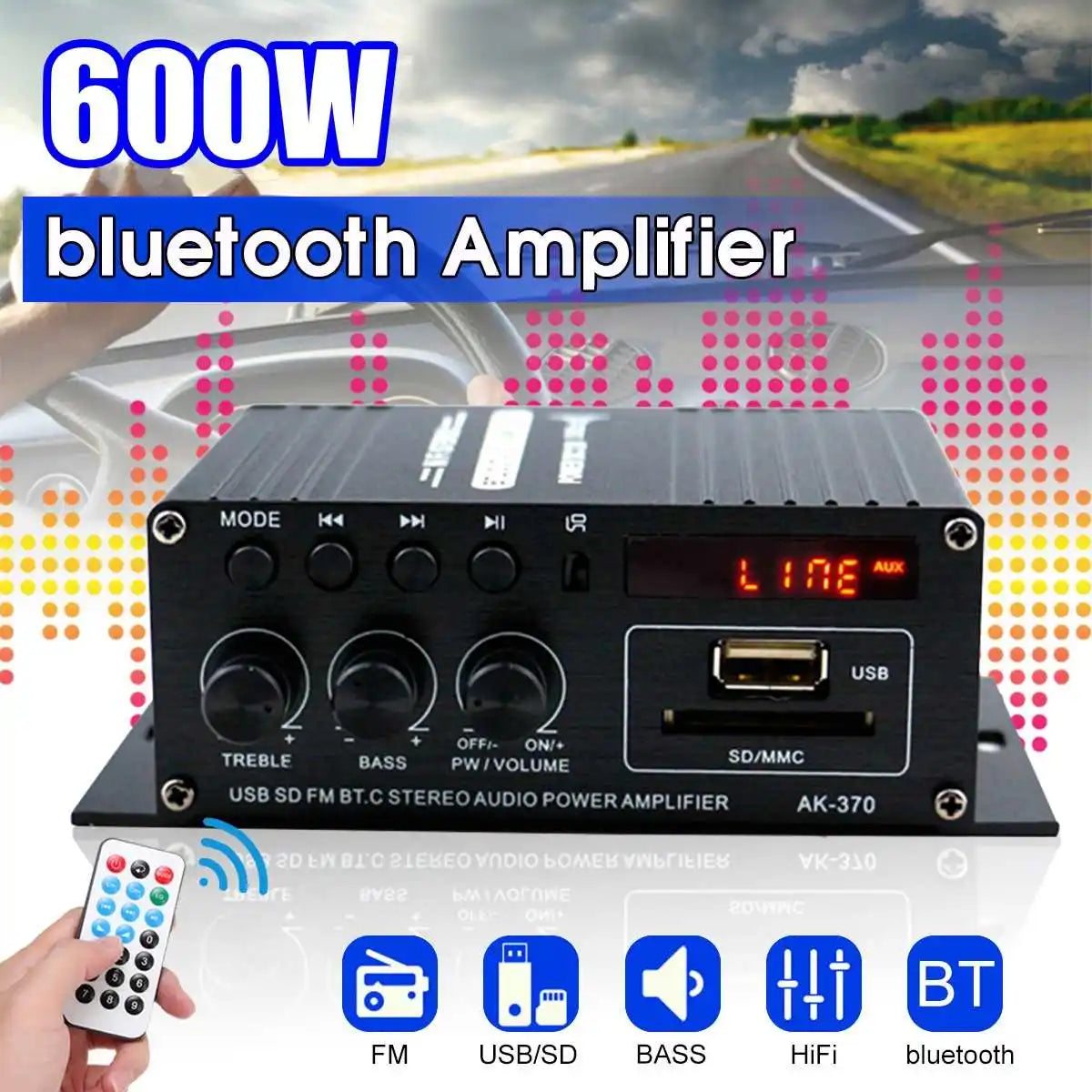 AK380 Power Amplifier Audio Karaoke Home Theater Amplifier 2 Channel Bluetooth USB/SD AUX