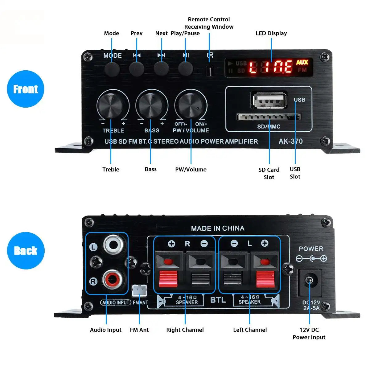 AK380 Power Amplifier Audio Karaoke Home Theater Amplifier 2 Channel Bluetooth USB/SD AUX