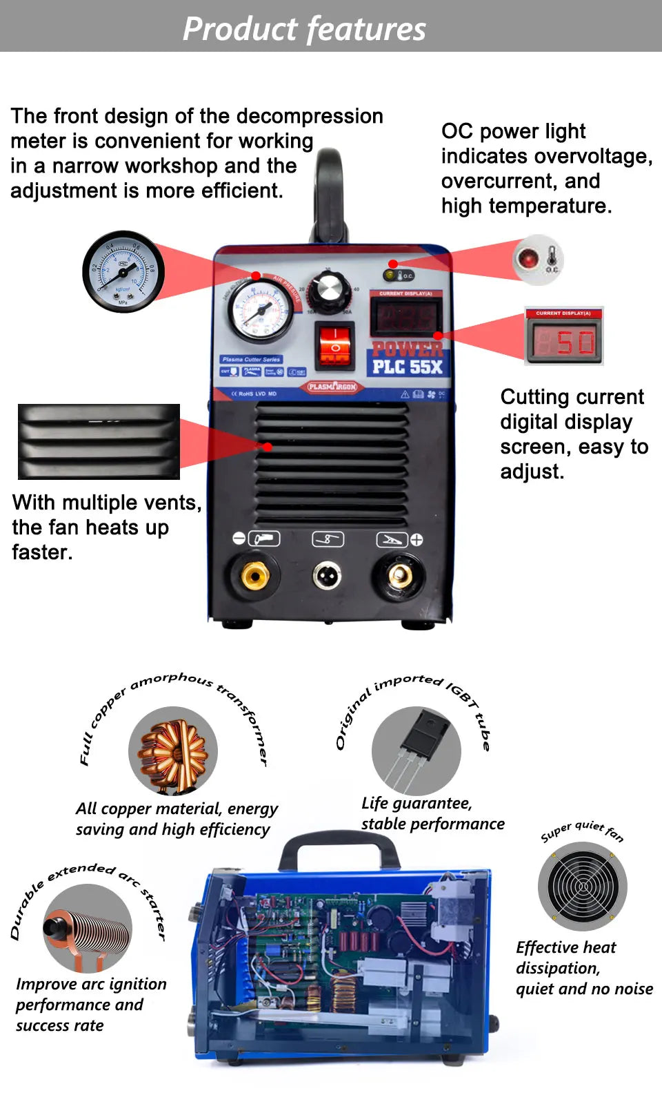 PLC-55X Plasma Cutter IGBT Air Plasma cutter 220V 50Amps 12mm Clean Cut Air Plasma Cutting Machine