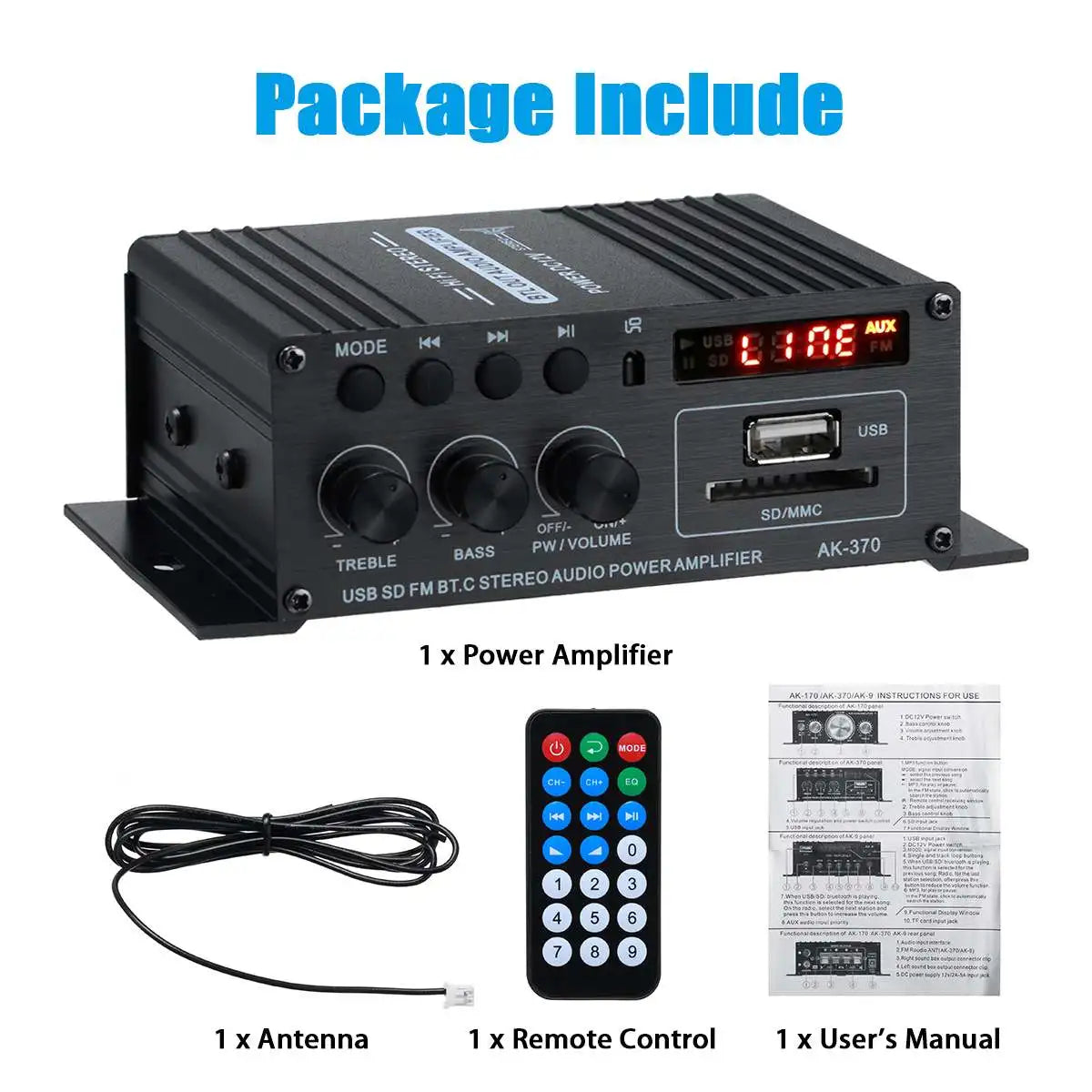 AK380 Power Amplifier Audio Karaoke Home Theater Amplifier 2 Channel Bluetooth USB/SD AUX