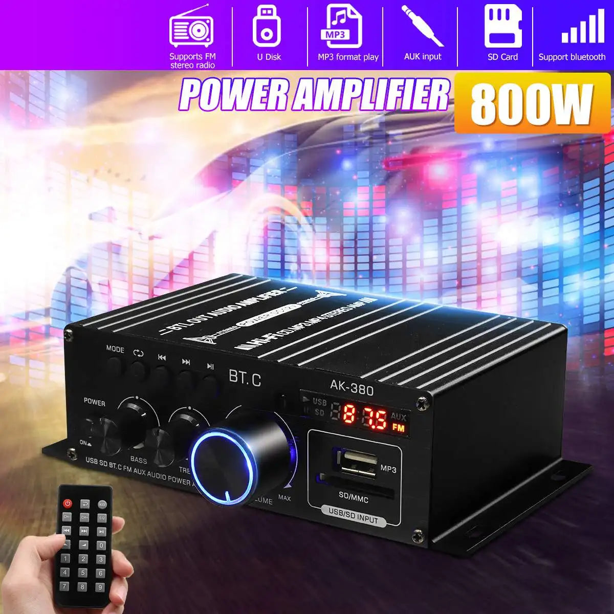 AK380 Power Amplifier Audio Karaoke Home Theater Amplifier 2 Channel Bluetooth USB/SD AUX