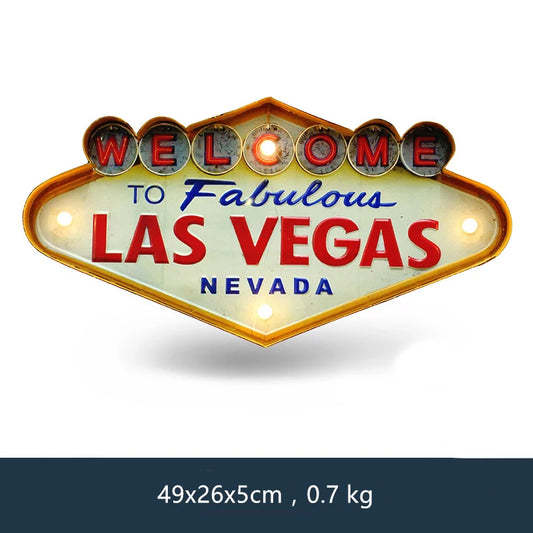 Las Vegas Welcome Neon Sign for Bar Vintage Home Decor Painting Illuminated Hanging Metal Signs