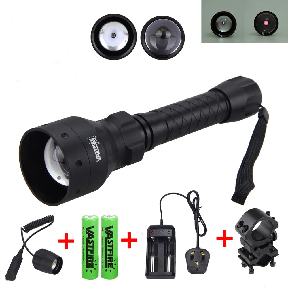 850nm IR Hunting T50 LED Infrared Night Vision Flashlight+25 MM Rifle Mount+2*18650 Battery+Charger