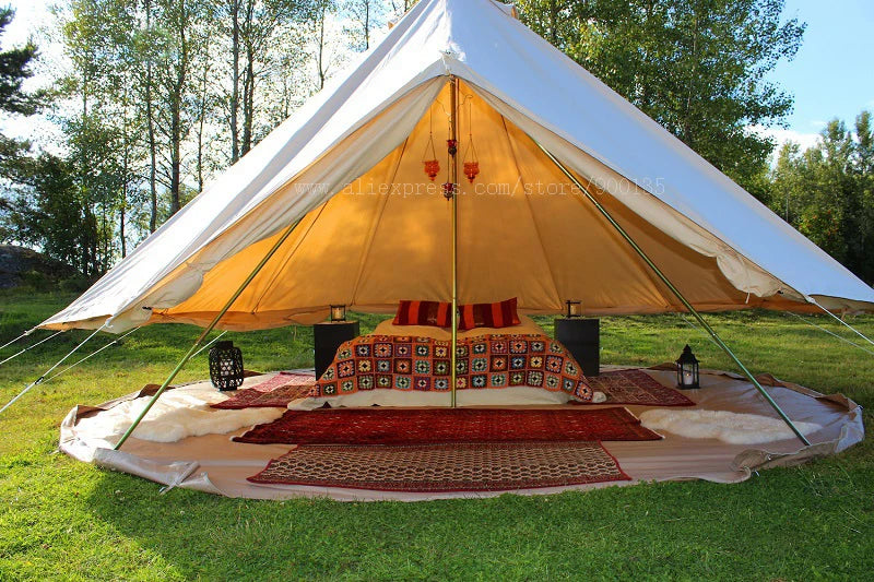 Luxury 4M Cotton Canvas Bell Tent With Stove Hole For 3-5 Persons Glamping