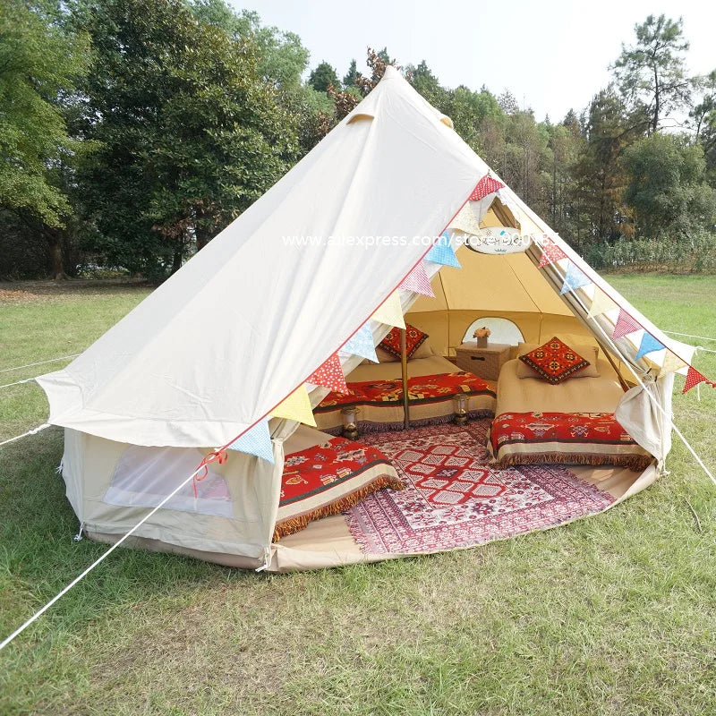 Luxury 4M Cotton Canvas Bell Tent With Stove Hole For 3-5 Persons Glamping