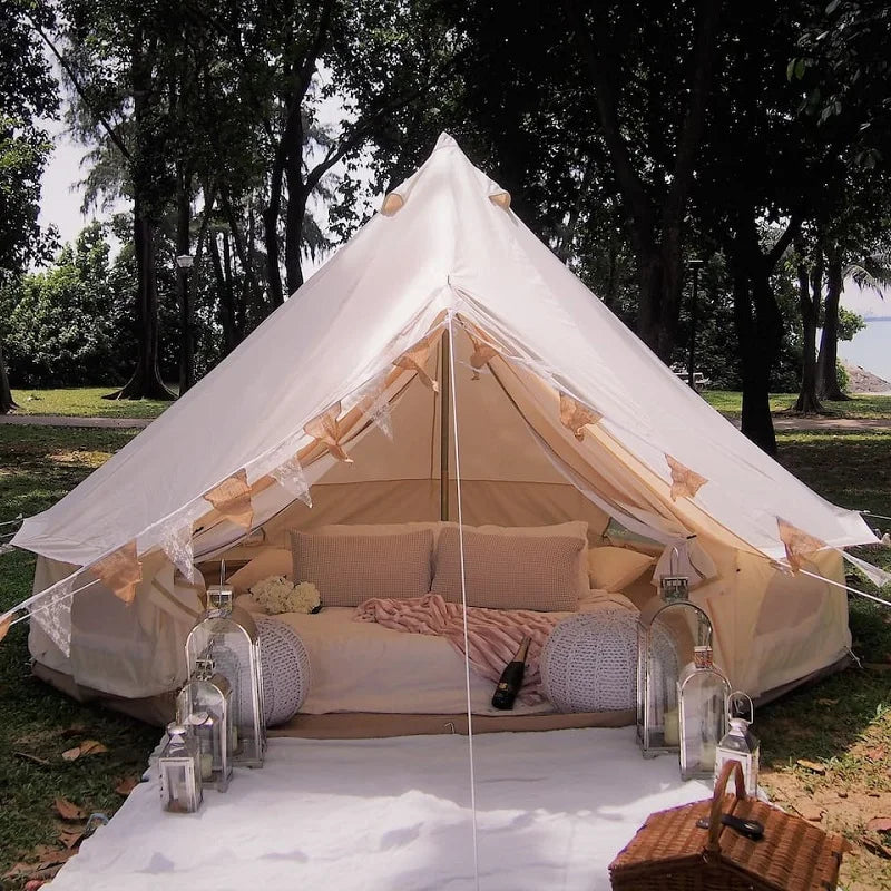 Luxury 4M Cotton Canvas Bell Tent With Stove Hole For 3-5 Persons Glamping