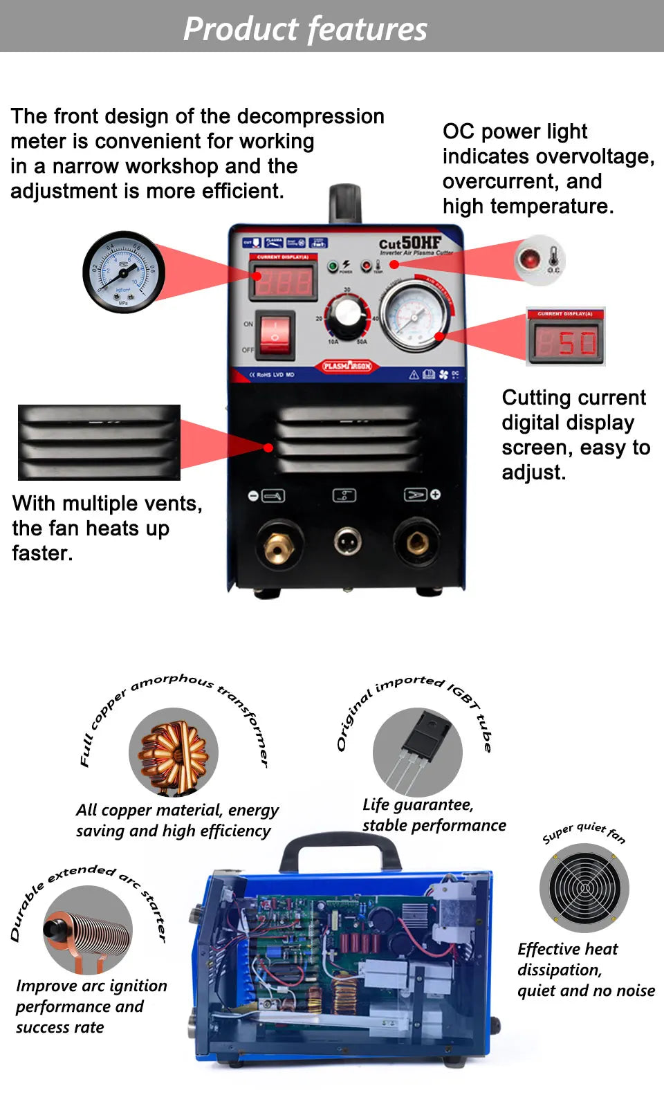 IGBT Plasma Cutter CUT50 Air Digital Inverter 110/220V Dual Voltage Hand Air Plasma/Thickness 12mm