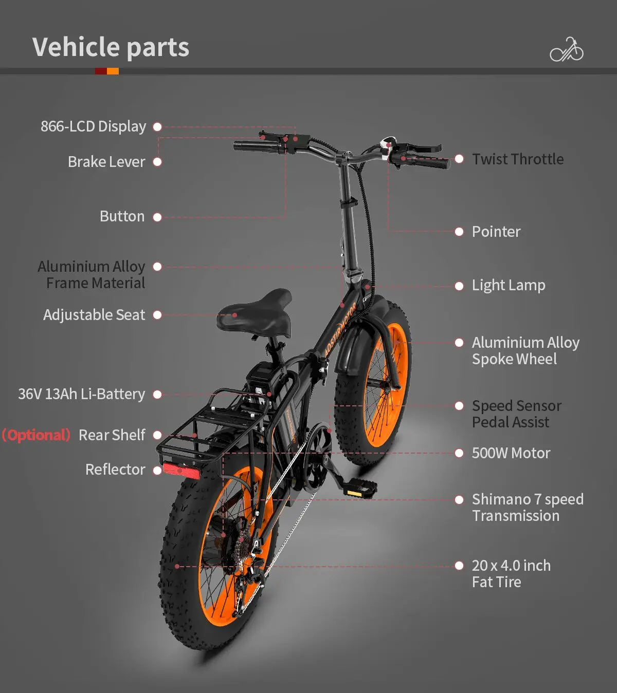 AOSTIRMOTOR 500W Ebike Folding Lithium Battery 36V 13Ah Electric Bicycle 20" Fat Tire Mini Bafang