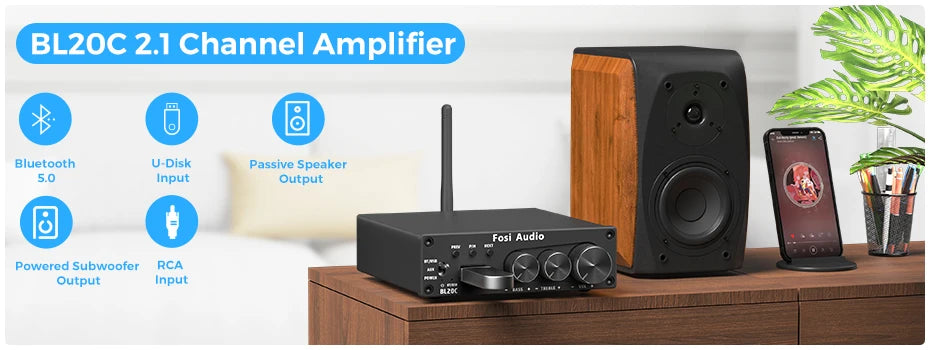 Fosi Audio T20 Bluetooth Vacuum Tube Amplifier AptX HD 50W TPA3116 Amplifier For Home Speakers