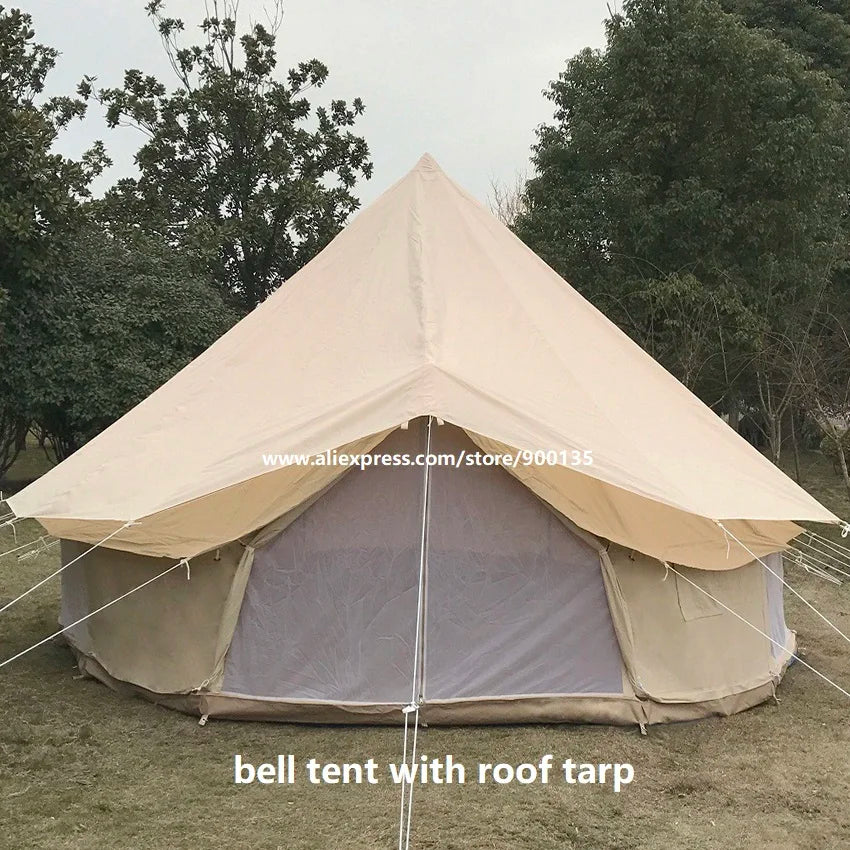 Luxury 4M Cotton Canvas Bell Tent With Stove Hole For 3-5 Persons Glamping