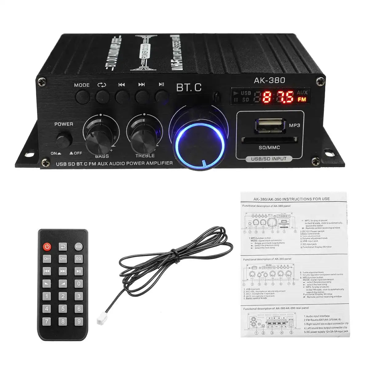 AK380 Power Amplifier Audio Karaoke Home Theater Amplifier 2 Channel Bluetooth USB/SD AUX