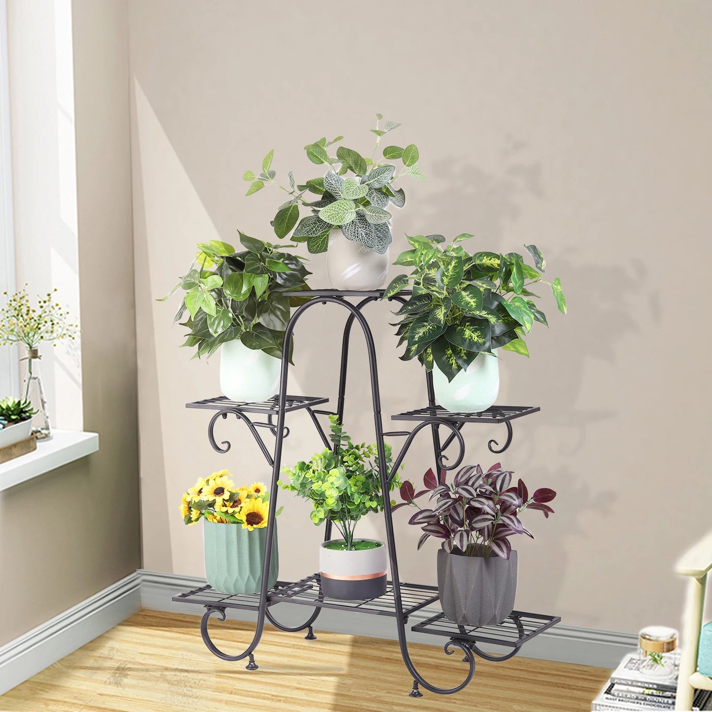 6 Tiers Plant Stand for Indoor and Outdoor Black Metal Flower Pot Shelf Multi-Tiered Display Rack