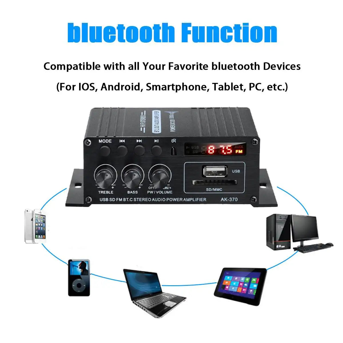 AK380 Power Amplifier Audio Karaoke Home Theater Amplifier 2 Channel Bluetooth USB/SD AUX