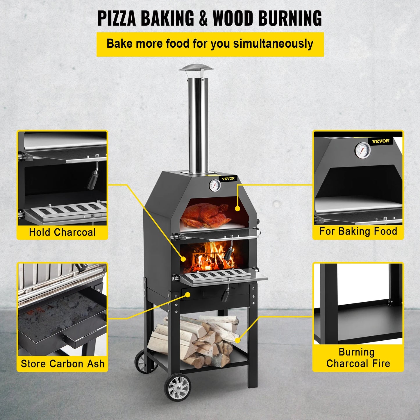 VEVOR 12" Wood Fried Pizza Oven with Wheels & Handle Labor-Saving 2-Layer Portable