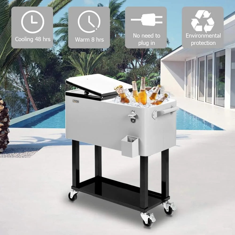 VINGLI Grey 80 Quart Rolling Ice Chest,Portable Patio Party Bar Drink Cooler Cart, w/Shelf