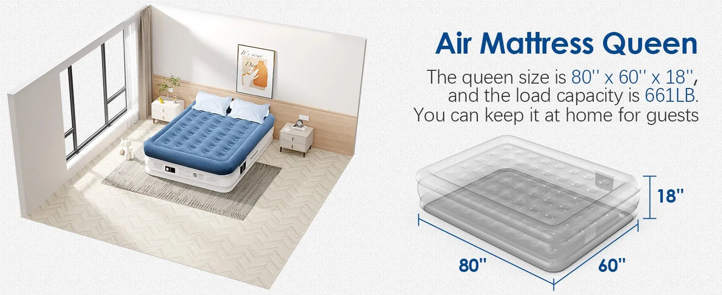 Air Mattress Queen w/Built in Pump, 18'' Luxury Inflatable Mattress, 3 Min Fast Blow up Mattress