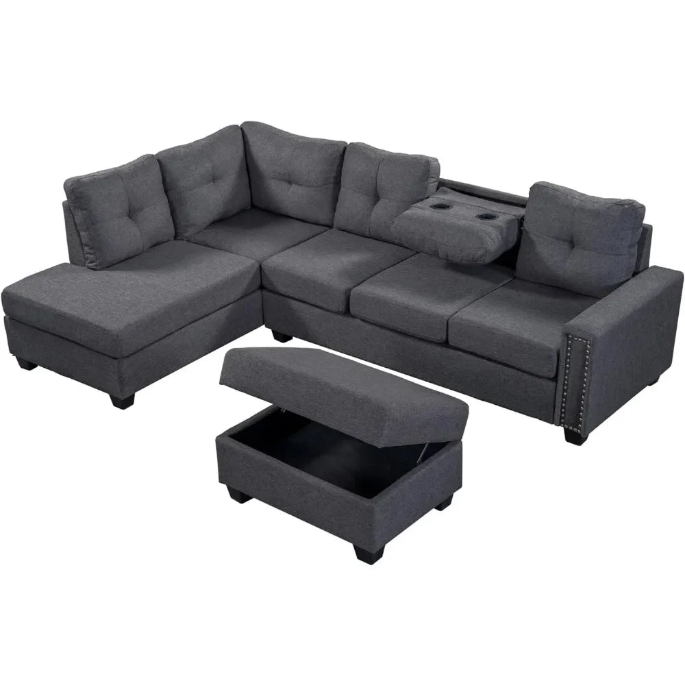 L Shape Modular Storage Ottoman & Chaise, Comfy Oversized Corner Sofa Cup Holder,Fabric