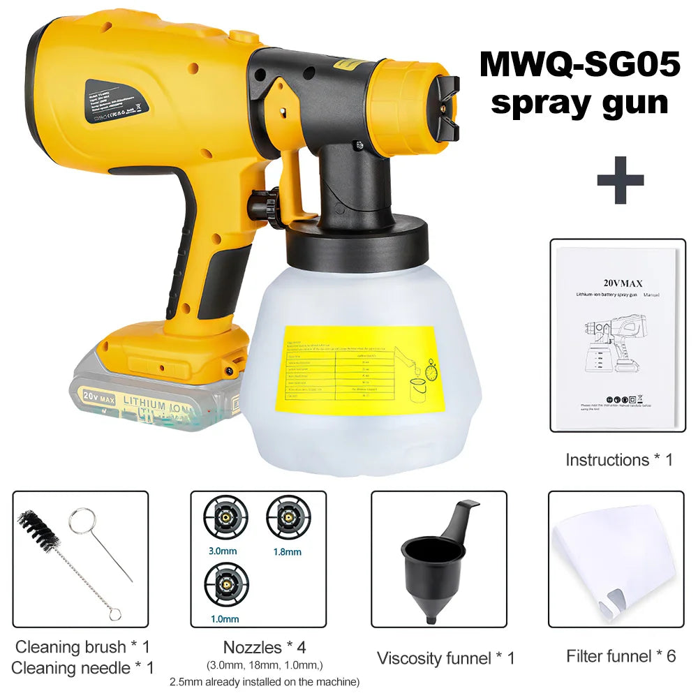 1000ML Cordless Spray Gun Auto Furniture Steel Coating Airbrush Power Tool for Dewalt 20V Battery