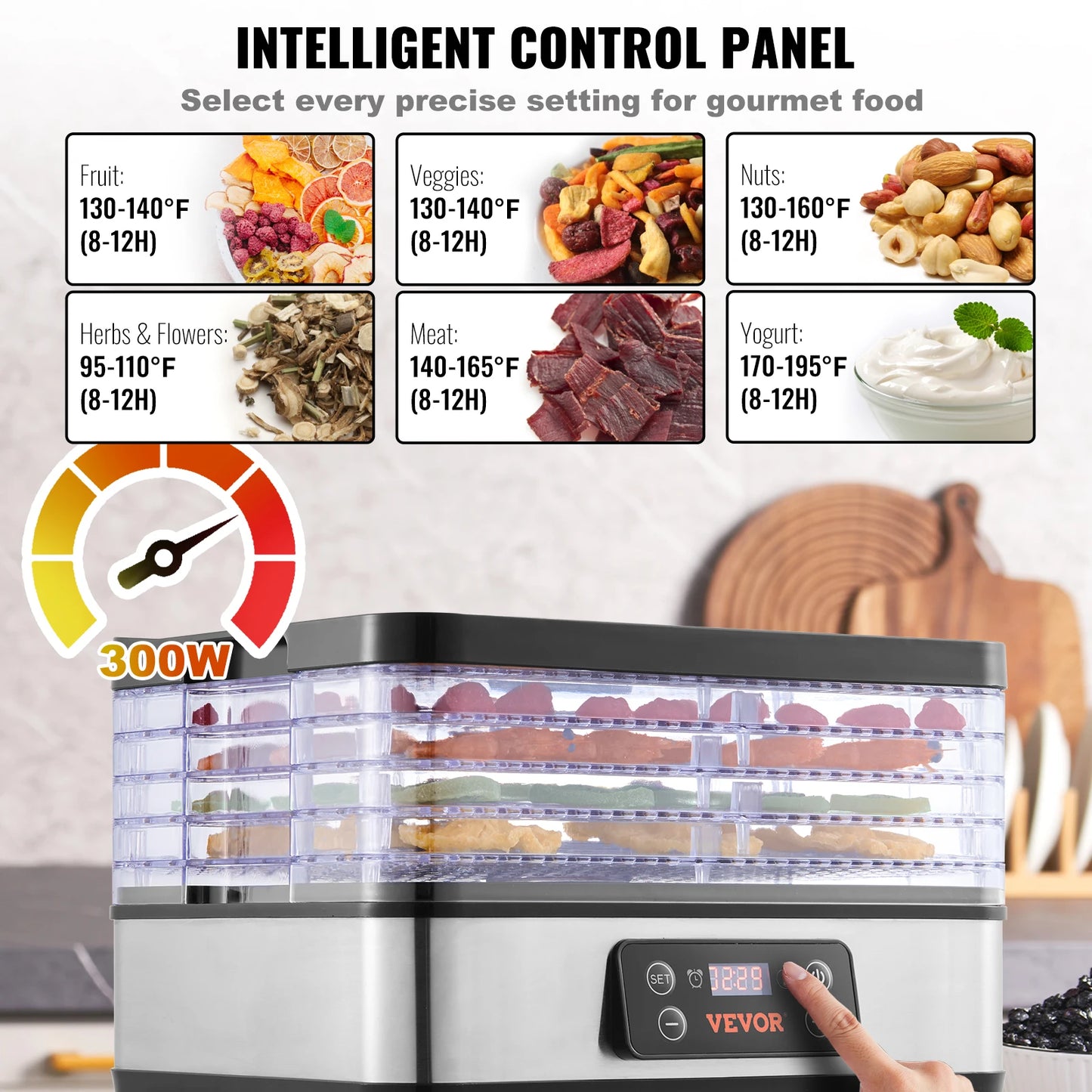 SucceBuy 5 Tray Food Dehydrator Machine 300W Stainless Steel Electric Food Dryer/Digital Adjustable