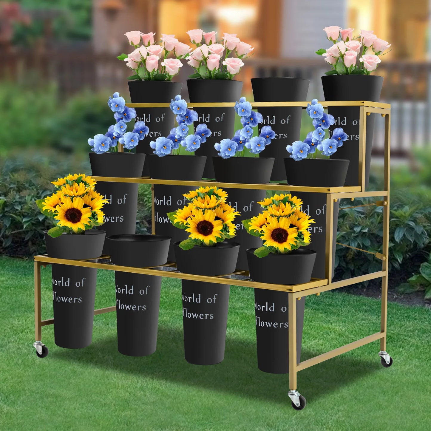 3 Layers Flower Display Stand with 12PCS Black Buckets,Metal Moving Plant Stand w/Wheels Display