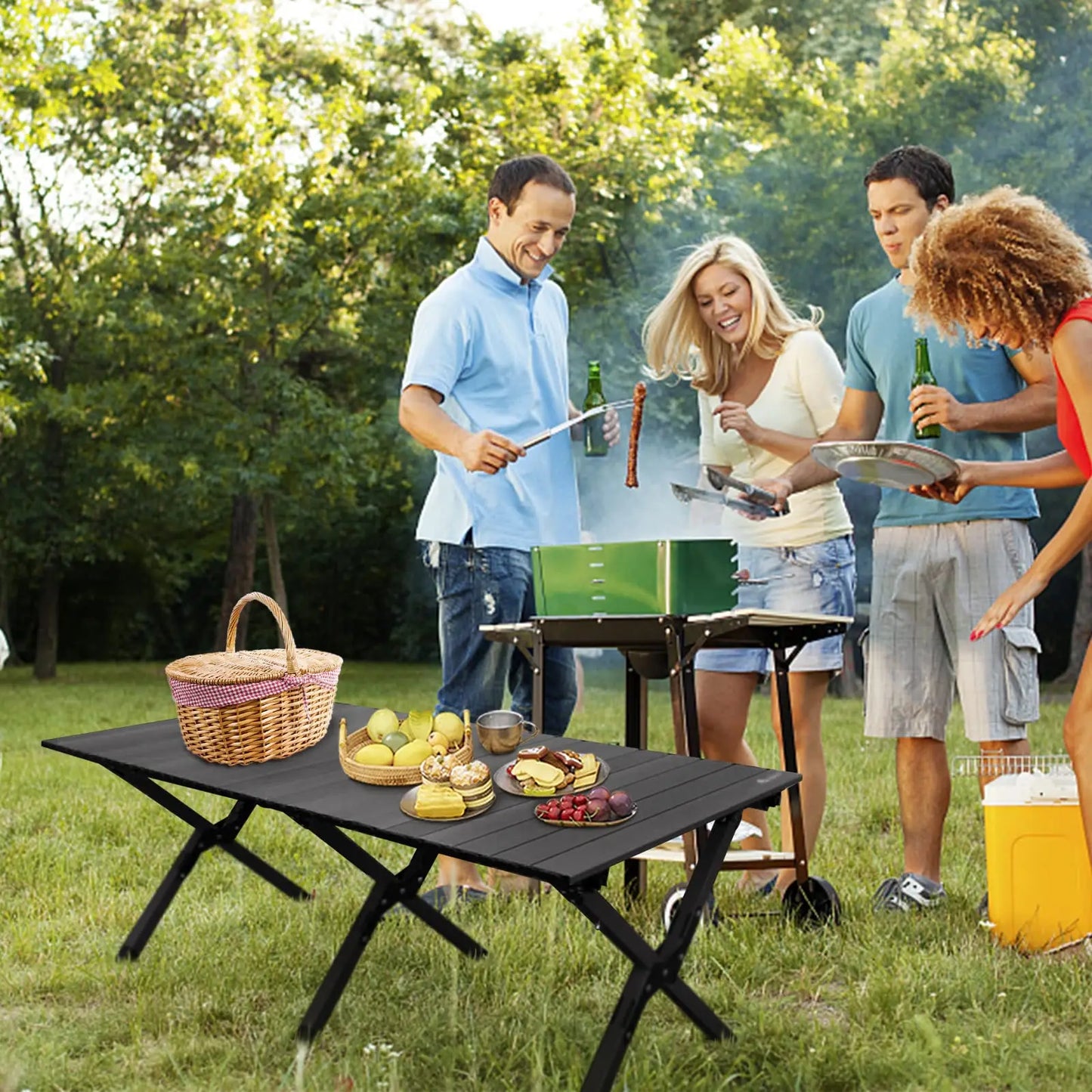 Large Folding Picnic Table Portable Lightweight Roll Up Carbon Steel Camping Table with Carrying Bag