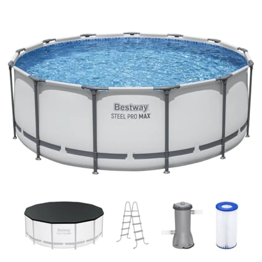 Steel Pro MAX 13' x 48" Above Ground Pool Round Metal Frame Set w/Filter Pump Ladder and Cover Gray