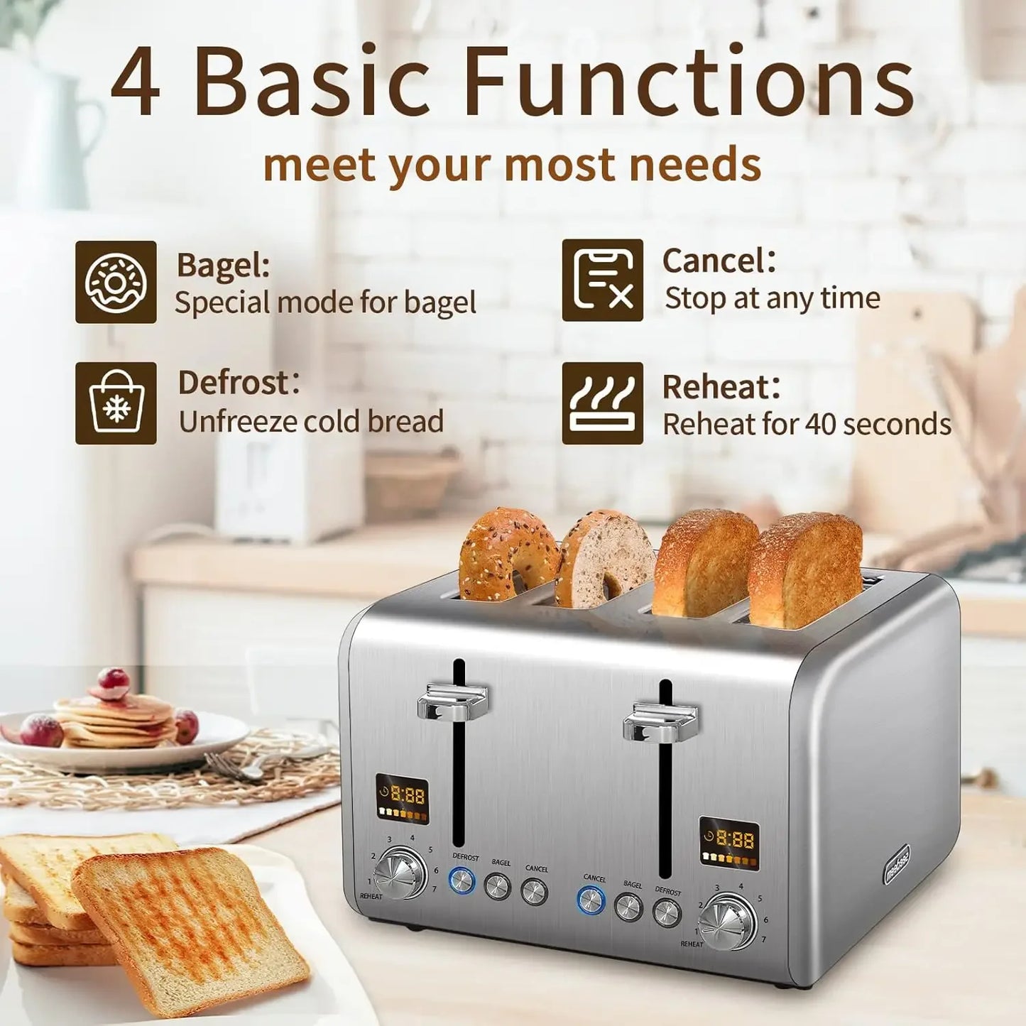 4 Slice Toaster Stainless Bread Toaster Color LCD Display 7 Bread Shade Settings 1.5'' Wide Slot