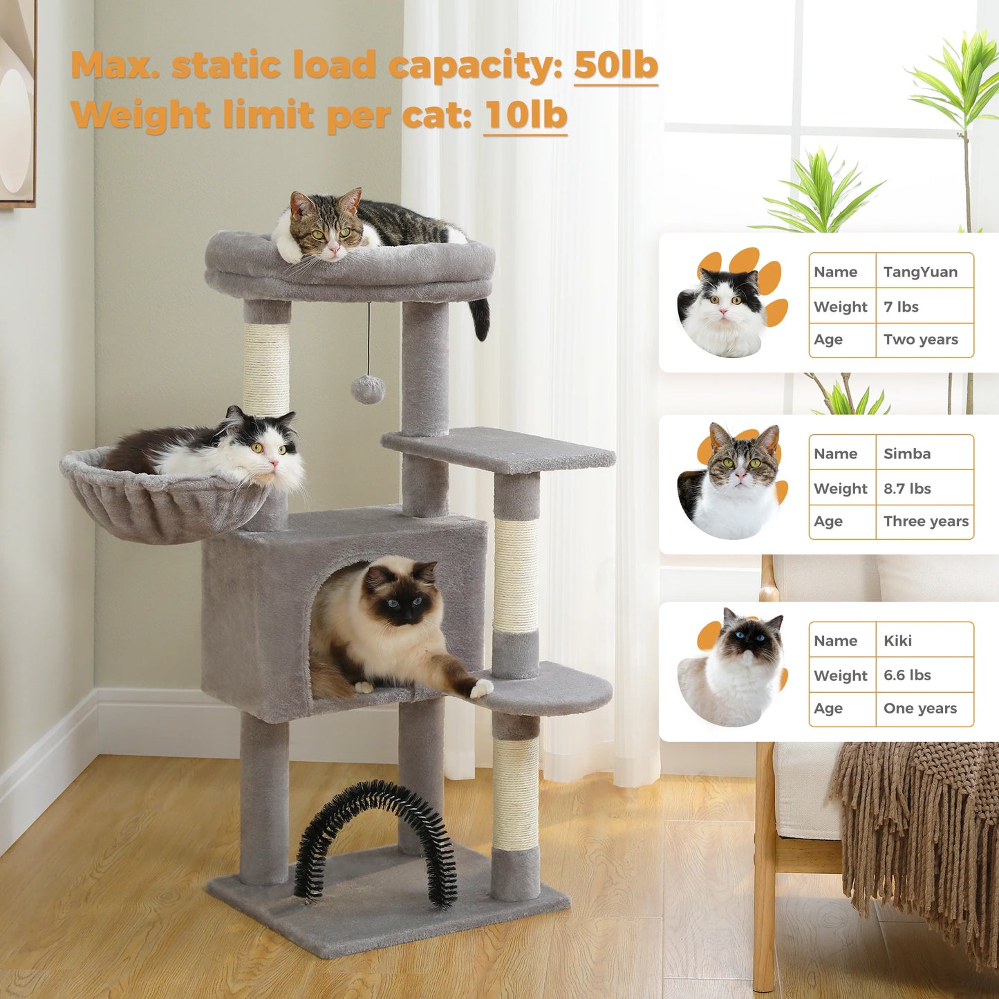 Cat Tower condo for Indoor Cats with Padded Plush Perch Cozy Hammock and Sisal Scratching Posts