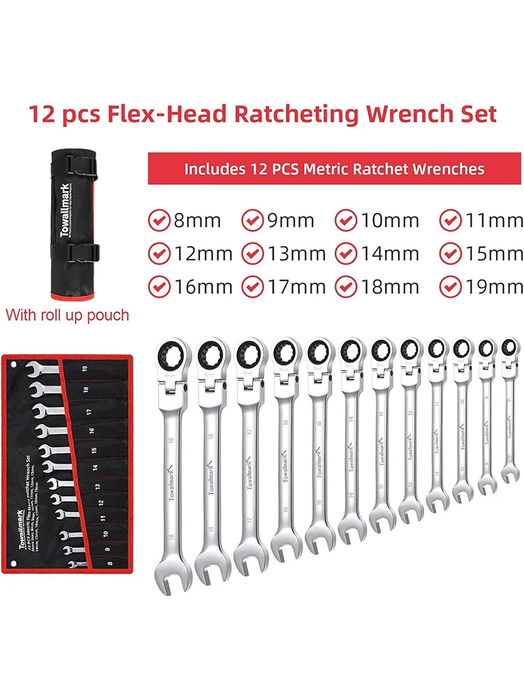 12-Piece Flex-Head Wrench Set, Ratcheting Combination Set, Metric 8-19mm, 72-Teeth,Cr-V Steel/ Bag