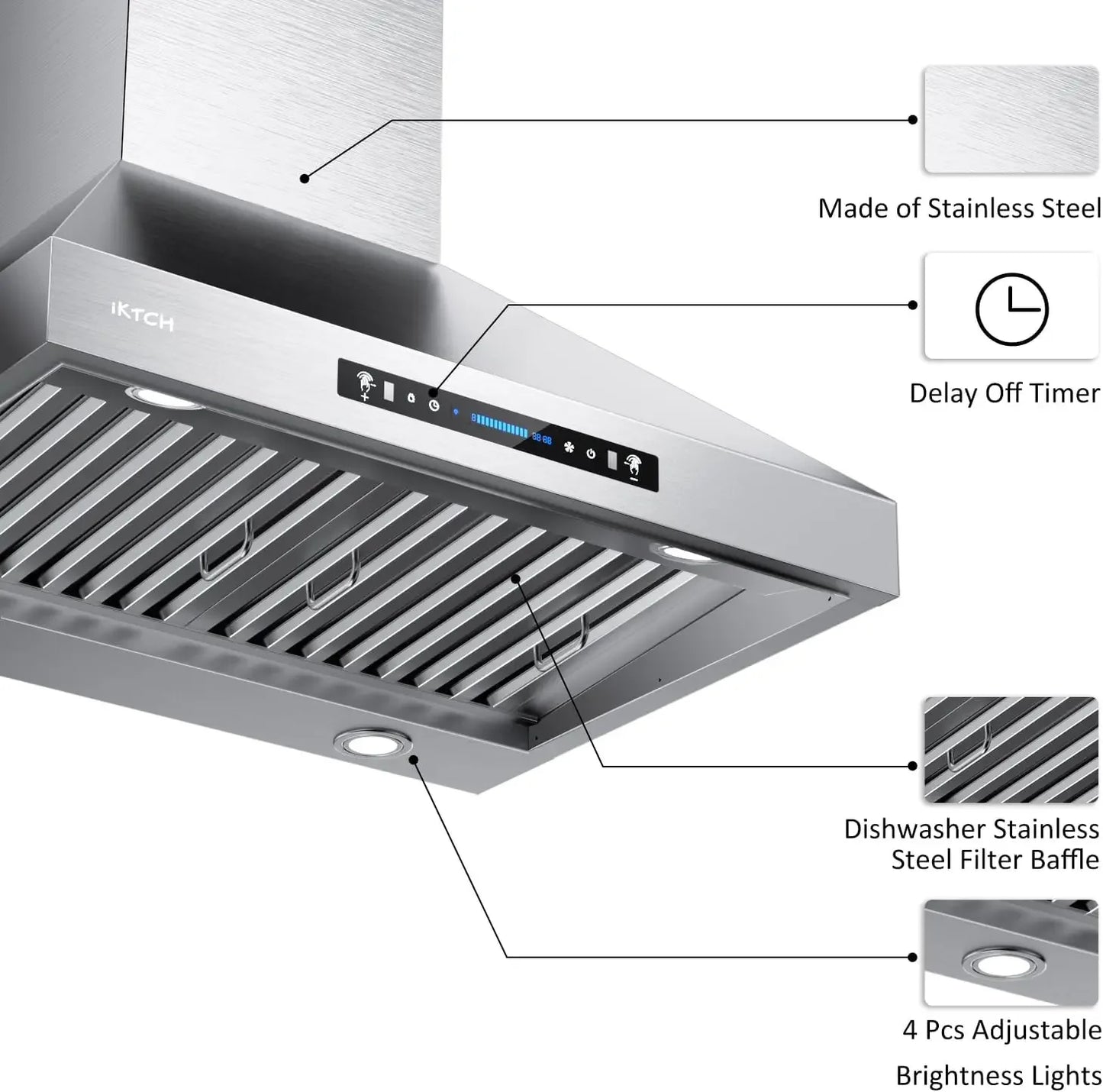 IKTCH 36-inch Wall Mount Range Hood 900 CFM Ducted/Ductless, Kitchen Chimney Vent Stainless Steel