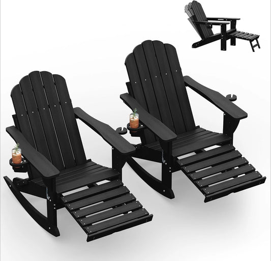 All Weather HDPE Adirondack Rocking Chairs Set Of 2, Foldable Patio Rockers /Retractable Ottoman