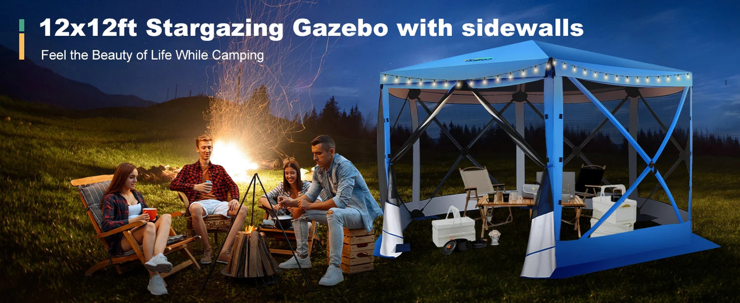 Pop Up Gazebo 12'x12' 6-Sided Screen House Tent for Camping, Instant Stargazing Gazebo Canopy