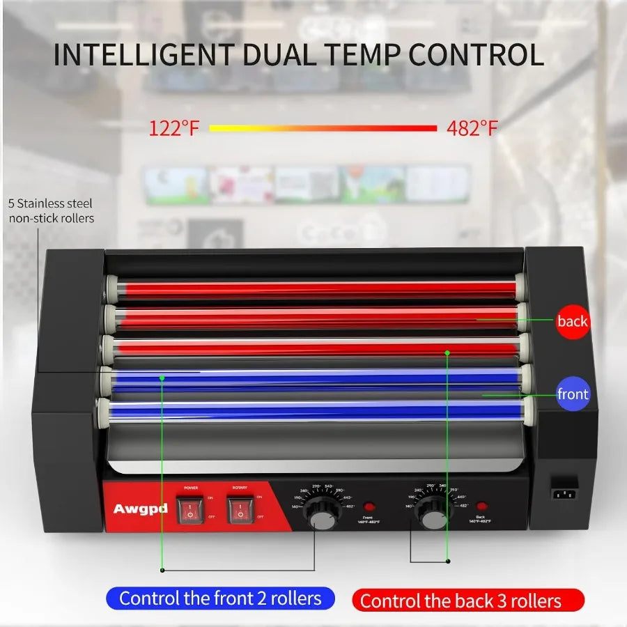 Hot Dog Roller Machine 12 Hot Dog and 5 Non-Stick with Glass Cover Drip Tray