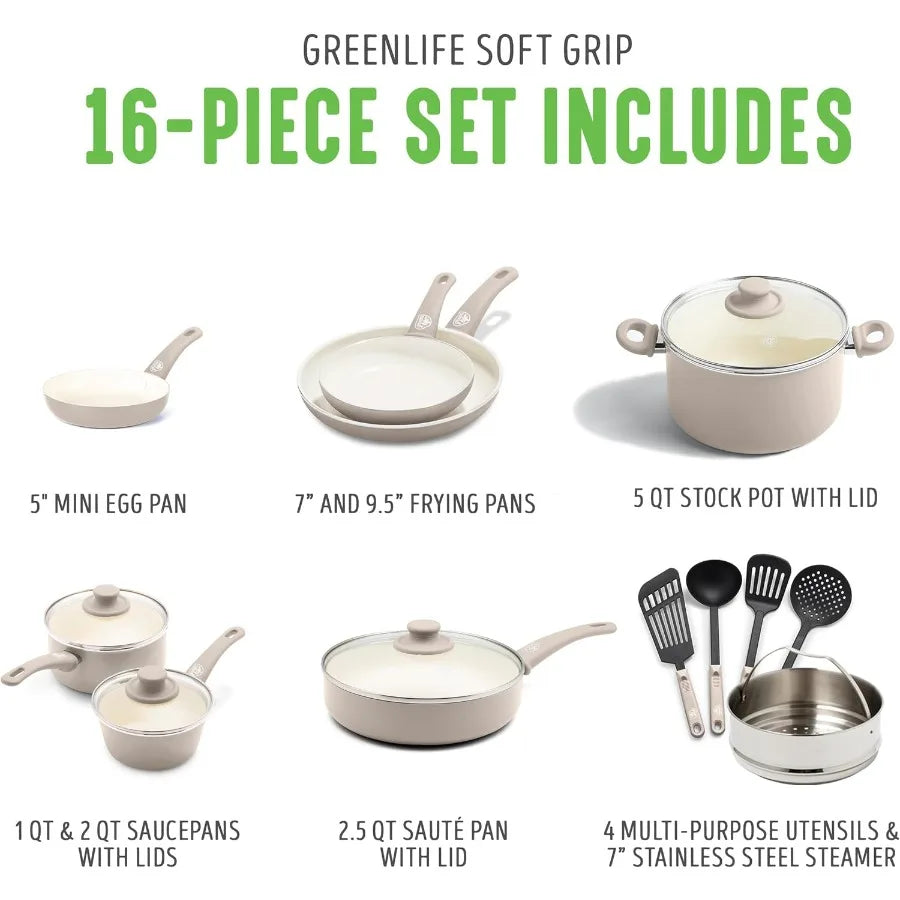 16 Piece Nonstick Cookware Set w/Soft Grip Handles for Everyday Cooking NonToxic PFAS-Free Ceramic