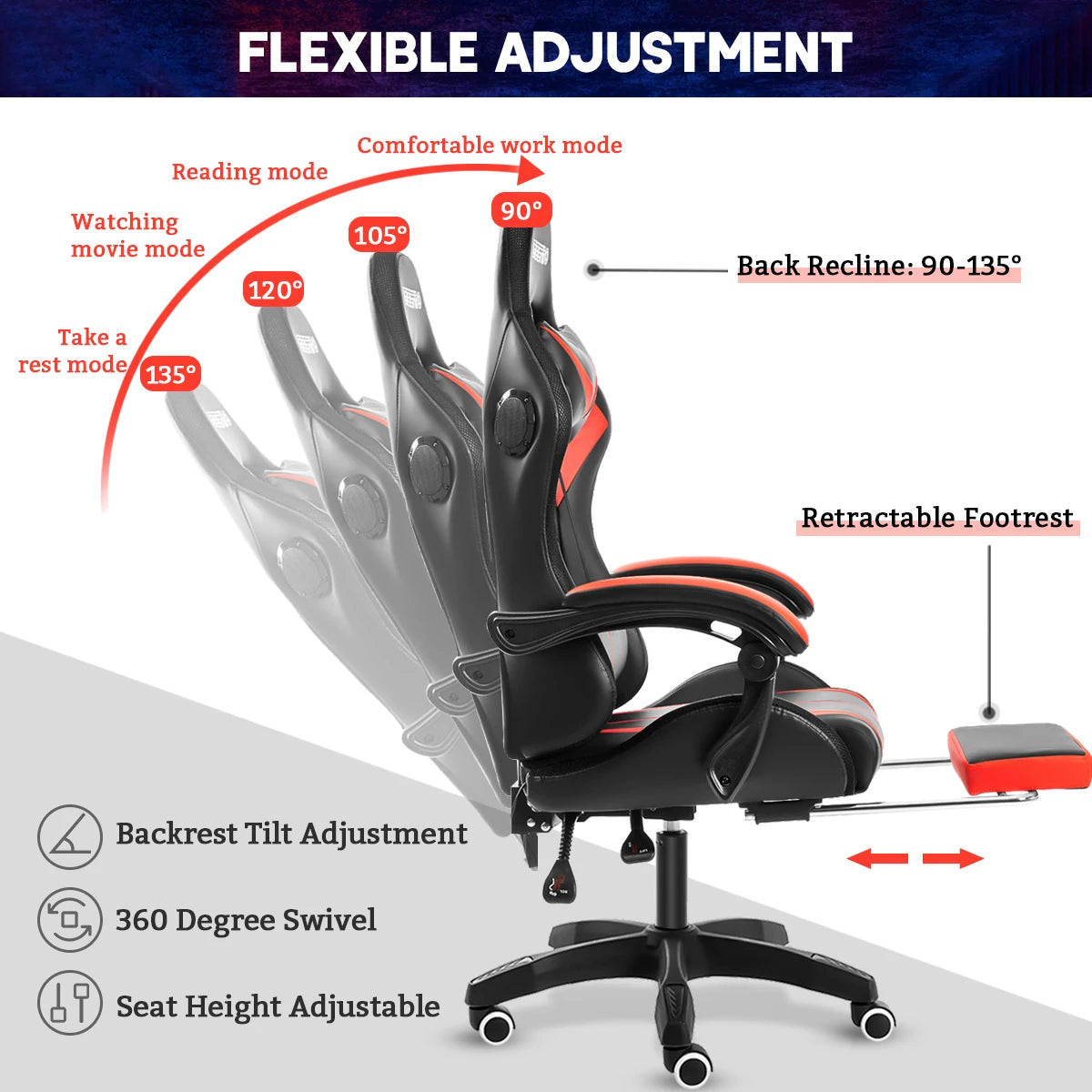 RGB Light Gaming/Computer/Office Chair 135 Degrees Swivel 2 Point Massage Recliner Bluetooth Speaker