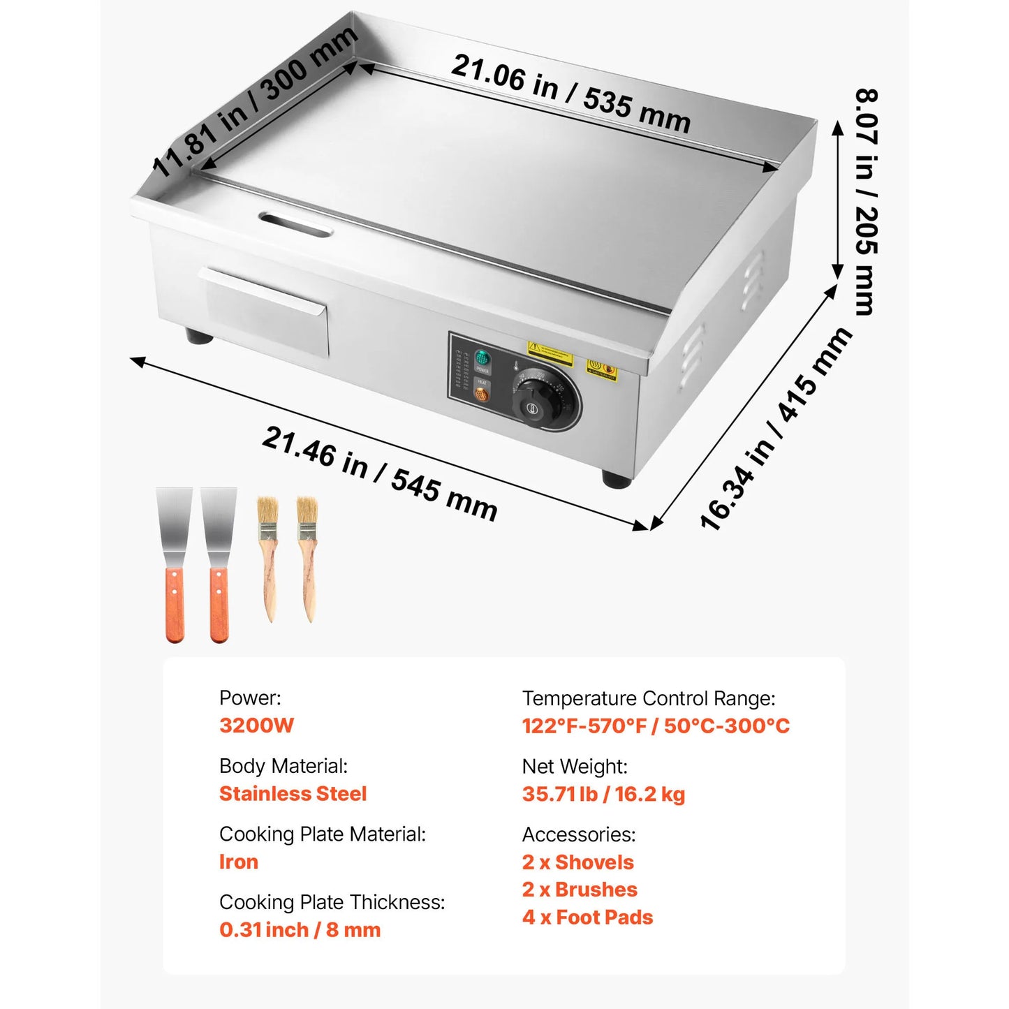 SucceBuy Commercial Electric Griddle 50-300°C Adjustable Temp Control, Stainless Steel Countertop