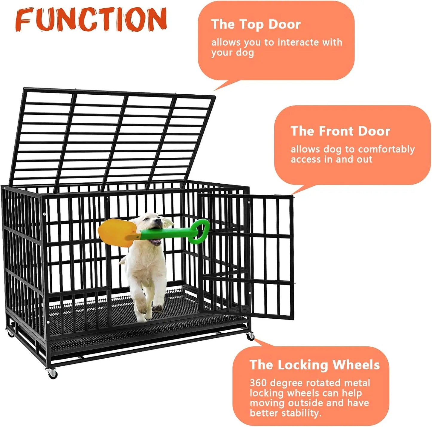 LEMBERI 48/38 inch Heavy Duty Indestructible Dog Crate, Escape Proof Kennel with Lockable Wheels