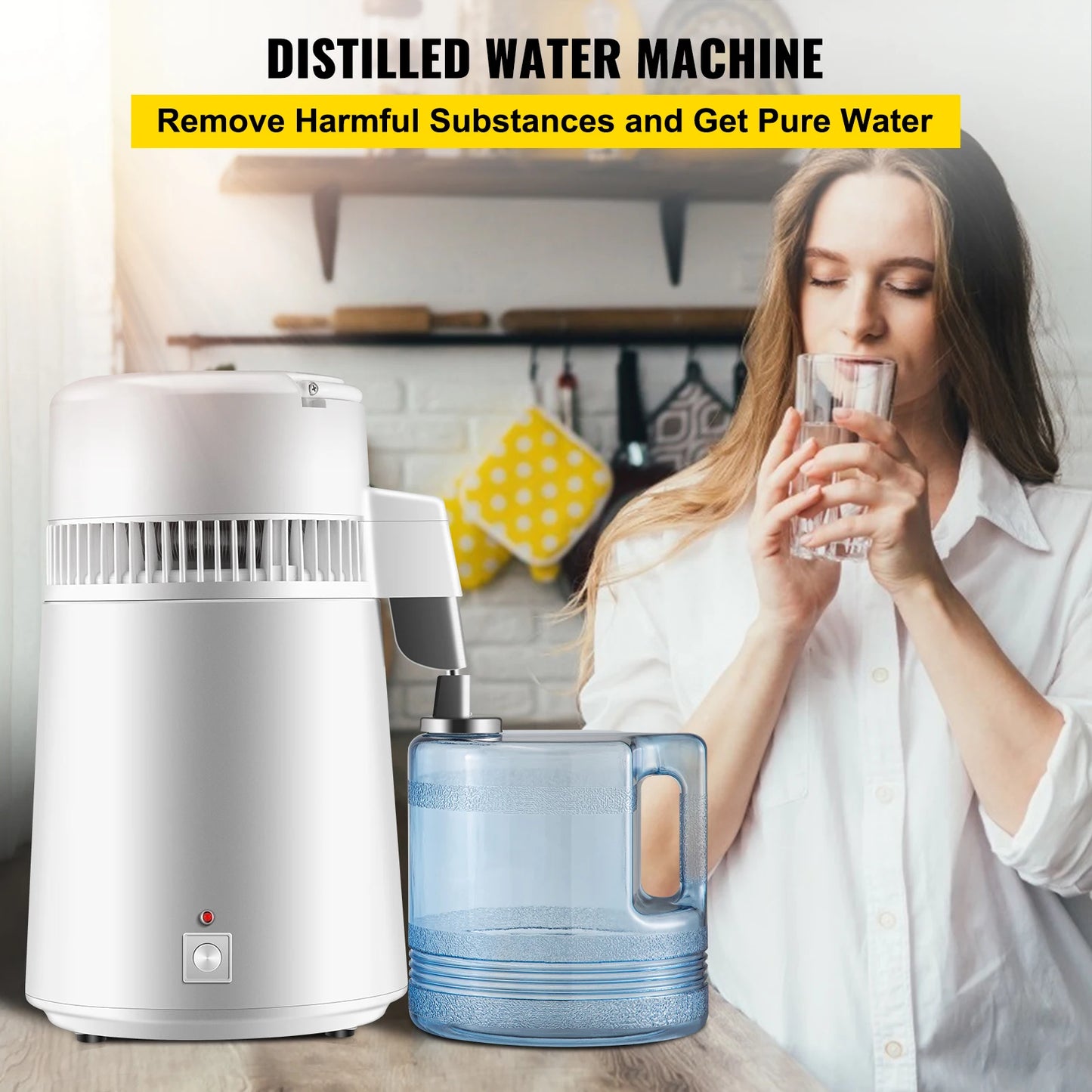 VEVOR 4L Water Distiller Purifier Filter Dispenser Heating Drinking Bottle Softener 304 Stainless