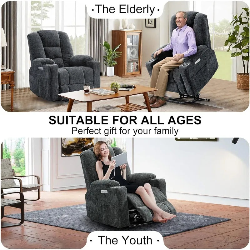 Power Lift Recliner Chair for Elderly, Plush Fabric Electric Recliner w/Heated & Vibration Massage