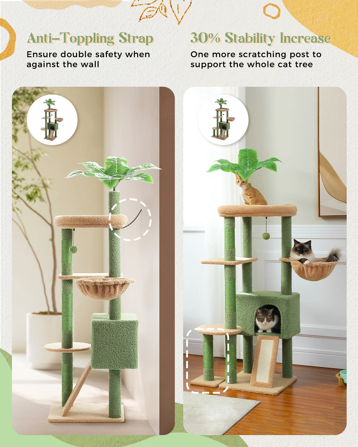 Multi-Level Cat Tree for Indoor Cats, Large Condo, Sisal Scratching Posts, Hammock & Perch