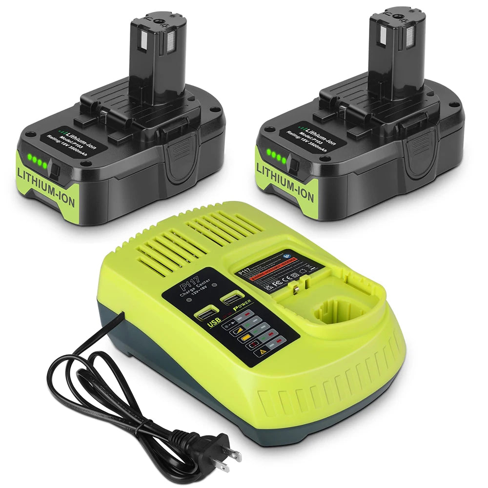 2 Pack 3.5Ah 18V Battery+Charger Combo/Ryobi ONE+ Battery P102 P103 P104 P105 P107 P109 P117 P190