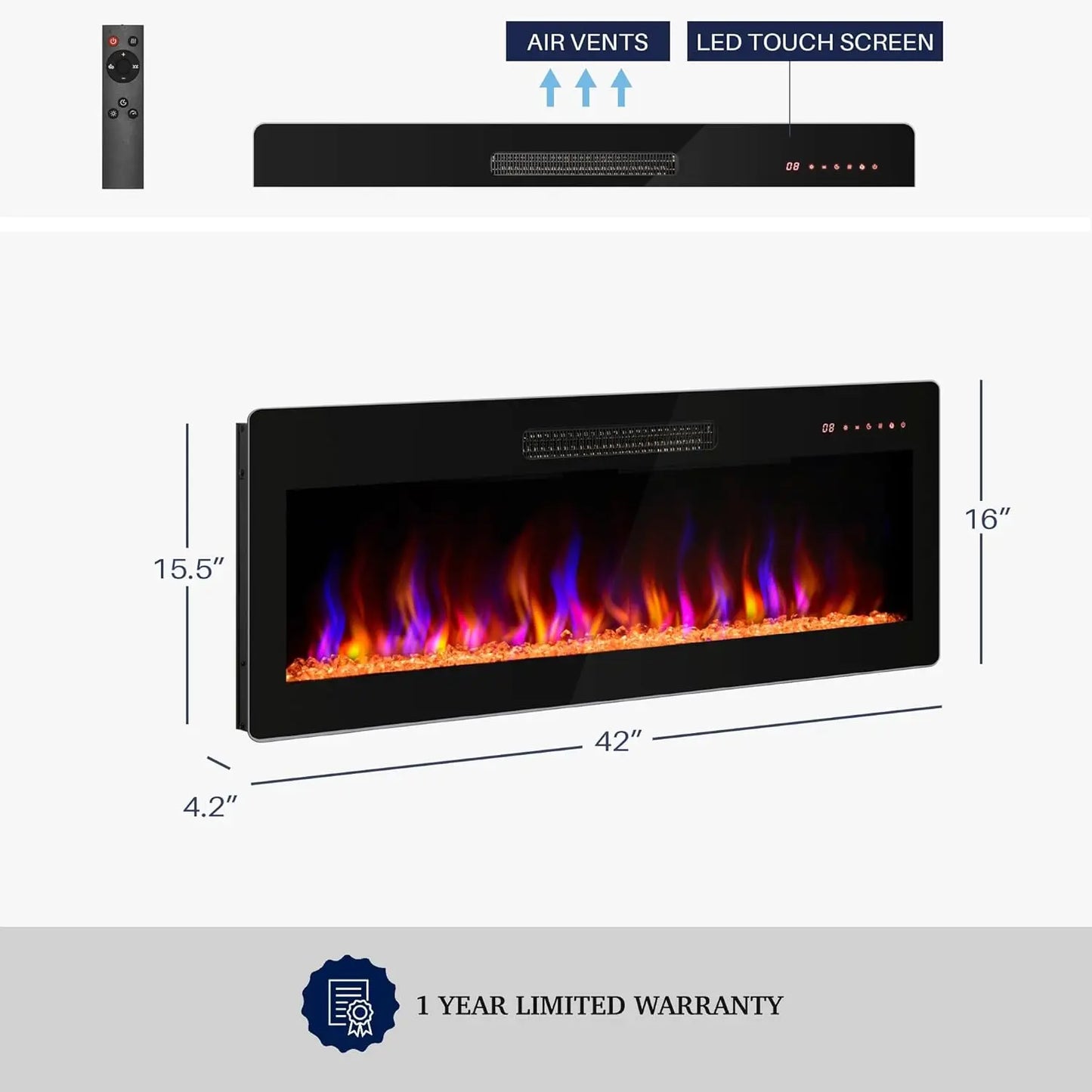 42" Electric Fireplace Heater 1400W Recessed & Wall Mounted Electric Fireplace/Remote Control Heater