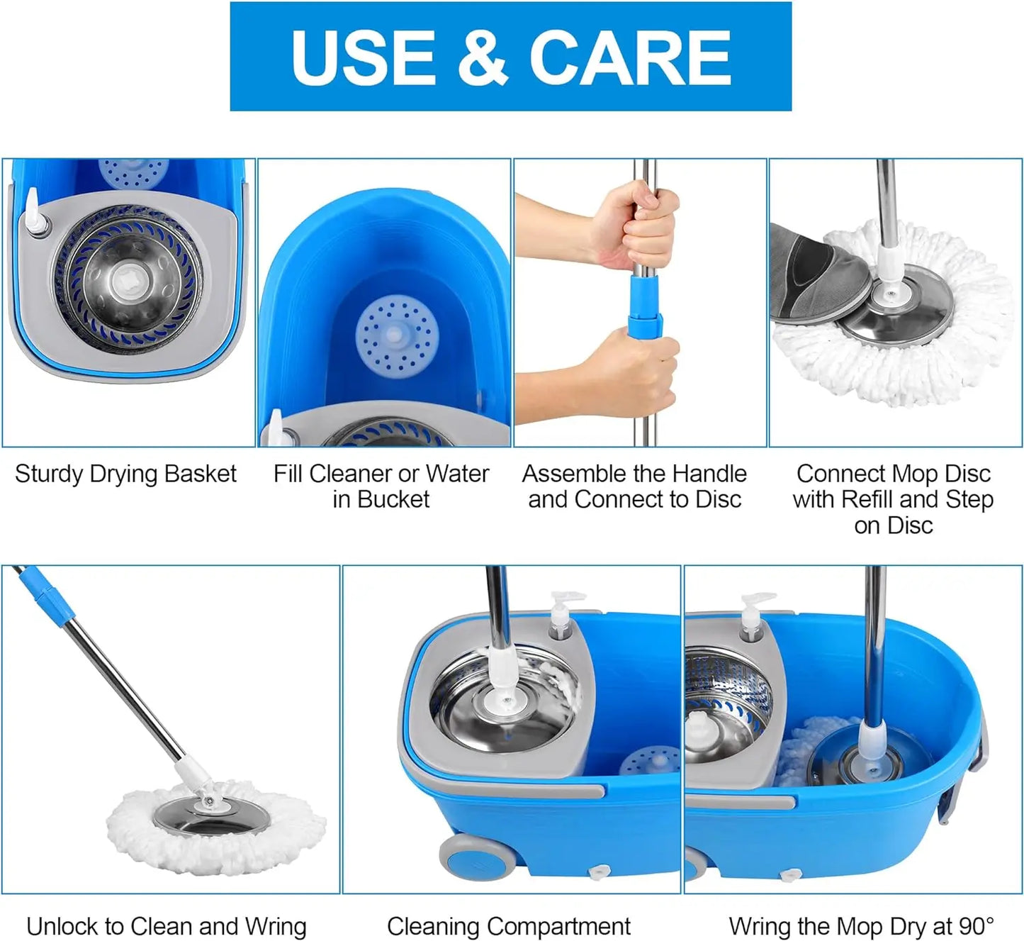 Blue Spin Mop Bucket Sets 360° Spinning Cleaning Tools w/3 Microfiber Replacement Heads, 61" Handle