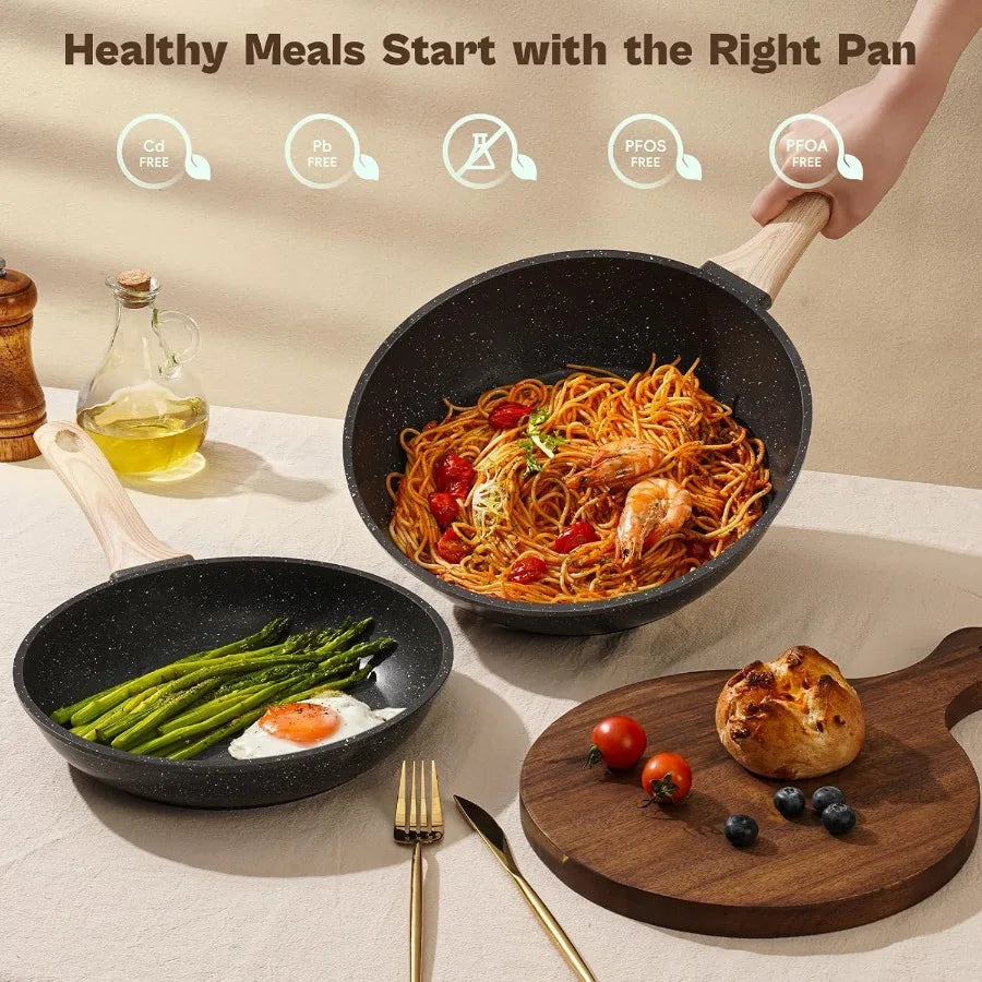 13 Pcs Pots and Pans Set Nonstick Cookware Sets Black Granite Induction Cookware Nontoxic Healthy