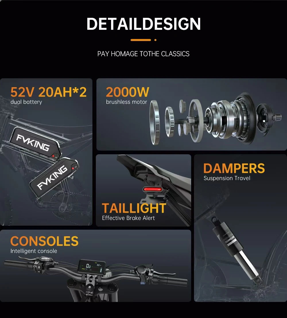 FVKING E6 Electric Bicycle 2000W Waterproof Dual Motor 52V 40AH Battery 25-inch Off-road Tires