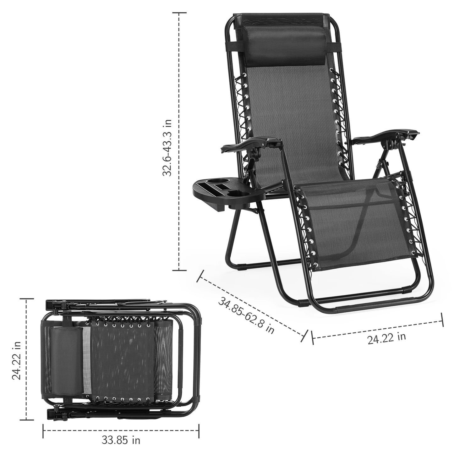 JHK Zero Gravity Set of 2 Portable Recliner/ Chair with Cup Holder Trays Adjustable Pillow