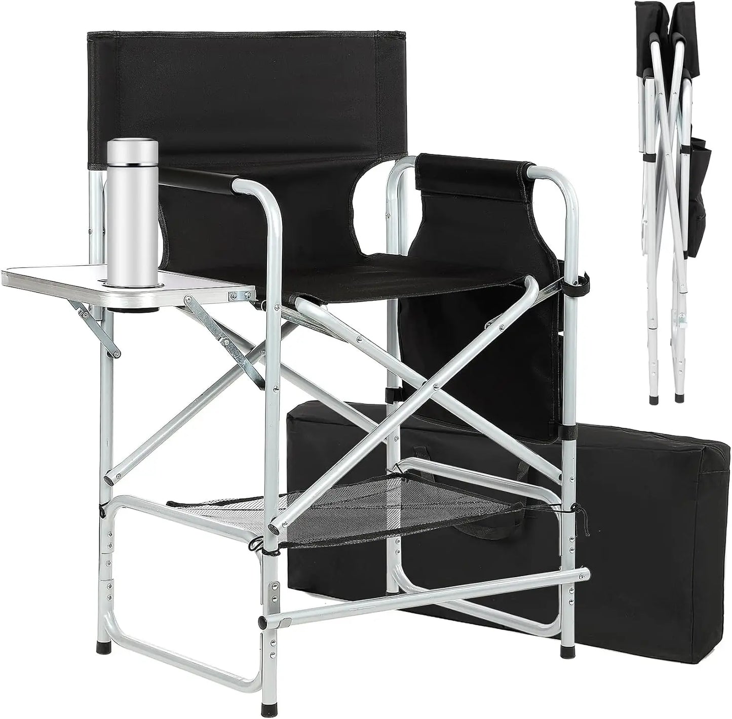 Tall Directors Chair For Makeup Artist Foldable Portable Client Chair With Side Table Cup Holder
