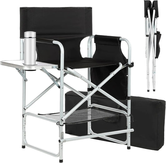 Tall Directors Chair For Makeup Artist Foldable Portable Client Chair With Side Table Cup Holder