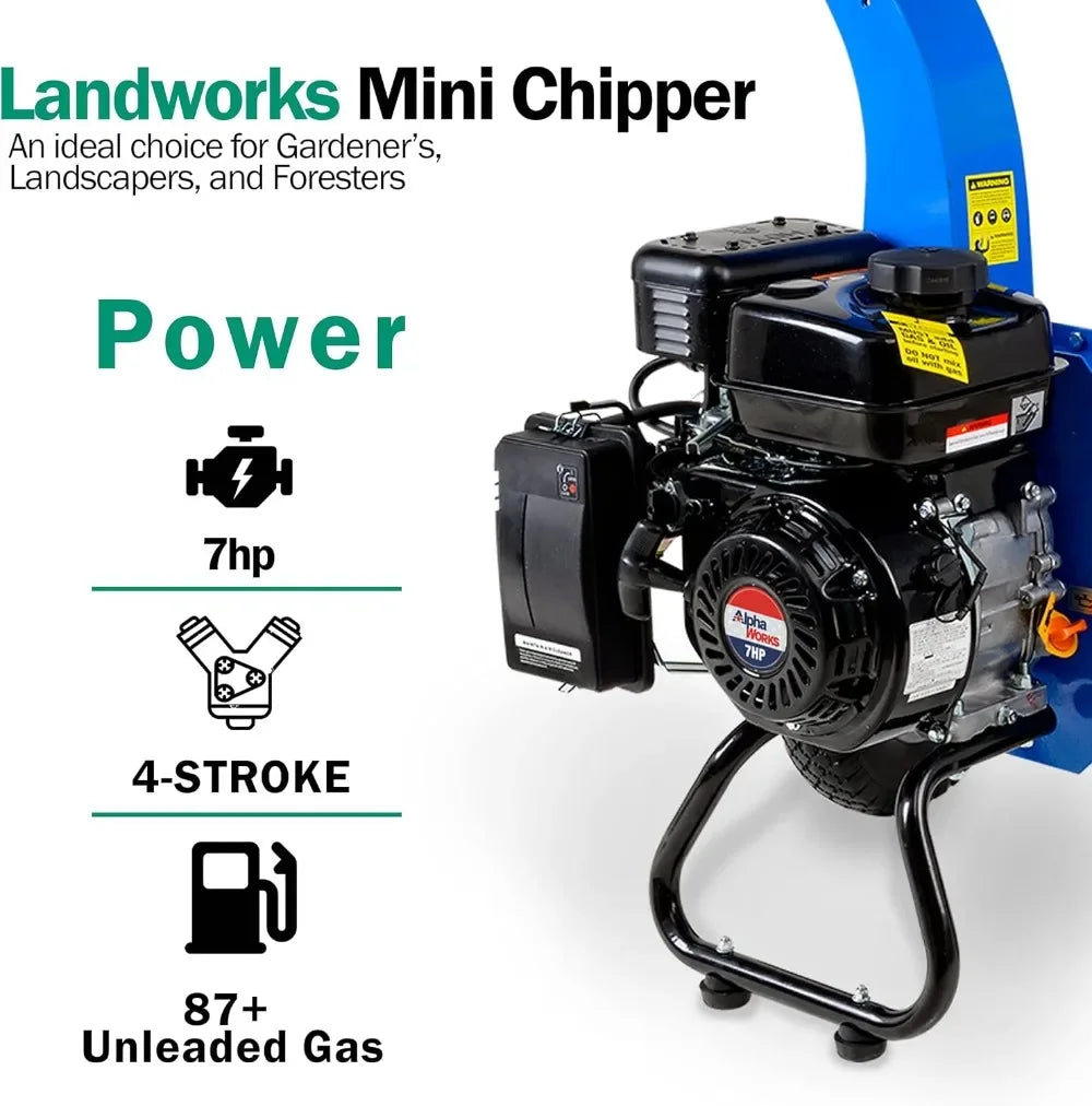 LANDWORKS Mini Wood Chipper Shredder Mulcher Heavy Duty 7HP Compact Design 3" Inch Max Capacity